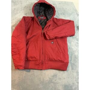 Real Work Mens 2XL Red Hooded Canvas Duck Jacket Quilted Lined Utility Workwear